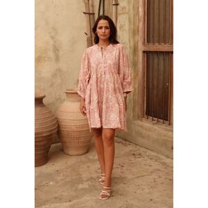 House of Sundar Maya Mini Dress Pink Floral Block Print Balloon Sleeve XL Boho